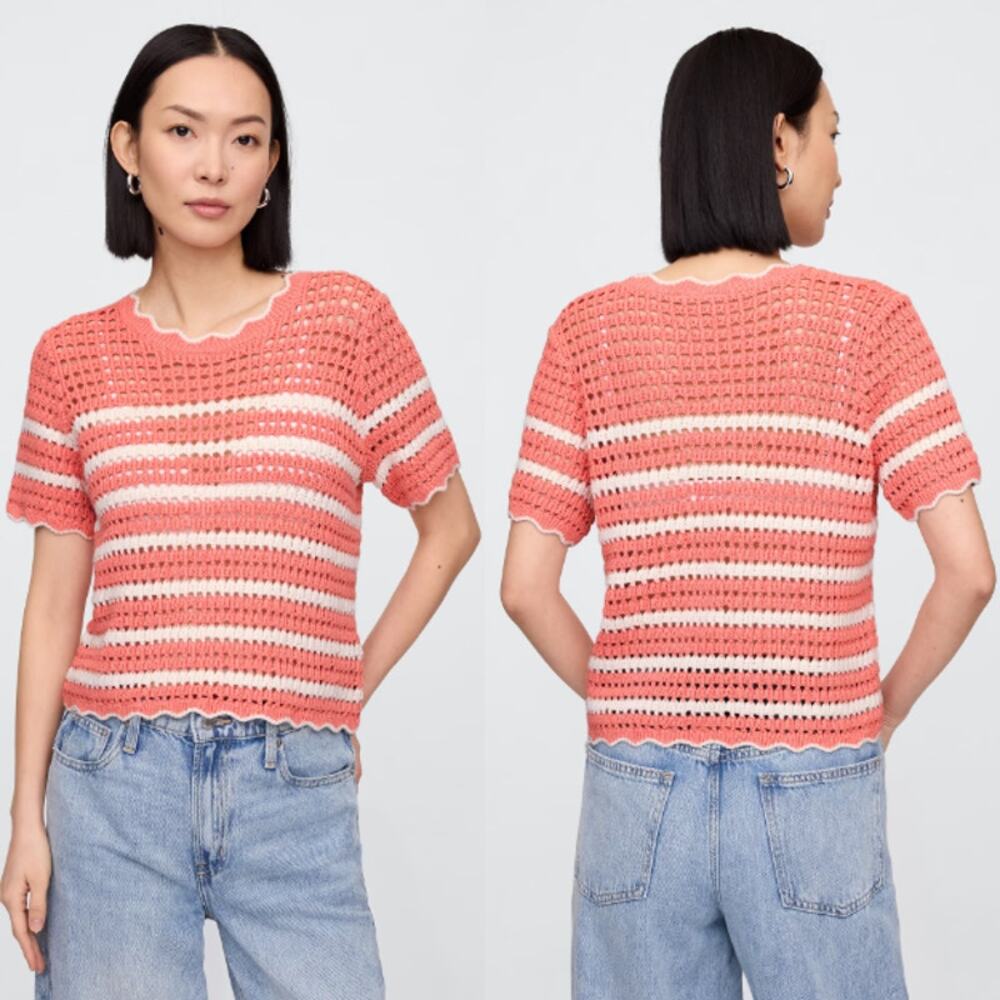 NWT Gap Stripe Short Sleeve Crochet Knit Sweater Top Pink/White Women's Size XXL